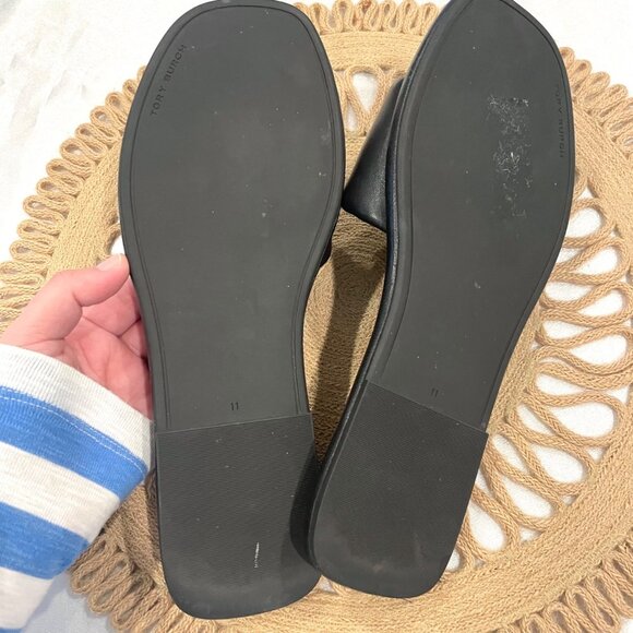 Tory Burch Double T Sport Slide Perfect Black Gold Leather Size 11 - Picture 8 of 12